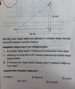 S
15 cm
Osno
K.
P
20 cm
Derinliği sabit dalga leğeninde şekildeki K noktasal dalga kaynağı
periyodik dalgalar üretmeye başlıyor.
Dalgaların dalga boyu 5 cm olduğuna göre,
1. İlk üretilen dalga tepesi P noktasına S noktasından önce ulaşır.
II. Herhangi bir anda KS ve KP noktaları arasında eşit sayıda dalga
tepesi olabilir.
III. S noktasına bir dalga tepesi ulaştığı anda P noktasına dalga çu-
kuru ulaşır.
yargılarından hangileri doğrudur?
A) Yalnız!
B) Yalnız III
C) I ve III
D) II ve III
E) I, II ve III