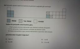 bulunur.
16. Periyodik cetvelin belirli bir kesitine ait görünüm aşağıdaki gibi verilmiştir.
V
Metal VZ: Yarı Metal
: Ametal
Sadece bu periyodik cetvel kesitine göre,
1. Aynı grupta bulunan elementler aynı element sınıfında olmayabilir.
II. Her periyotta 3 farklı element sınıfından da element vardır.
IL Metal elementlerin sayısı ametal elementlerin sayısından daha fazladır.
yorumlarından hangileri doğrudur?
A) Yalnız I.
B) I ve III.
C) II ve III.
D) I, II ve III.