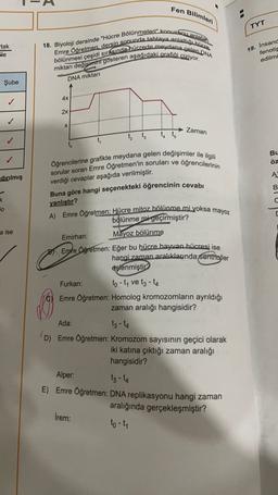 Fen Bilimleri
TYT
tak
He
18. Biyoloji dersinde "Hücre Bölünmeleri" konussou anlalah
bölünmesi çeşidi sırasında hücrede meydana gelen DNA
Emre Öğretmen, dersin sonunda tahtaya anlattığı hücre
miktarı değisimini gösteren aşağıdaki arafli ciziyor.
19. Insand
fenoti
edilmi
DNA miktarı
Şube
4x
2x
✓
X
Zaman
th
Bu
ÖZ
Öğrencilerine grafikte meydana gelen değişimler ile ilgili
sorular soran Emre Öğretmen'in soruları ve öğrencilerinin
A
dirilmiş
B.
verdiği cevaplar aşağıda verilmiştir.
Buna göre hangi seçenekteki öğrencinin cevabı
yanlıştır?
K
jo
a ise
Emirhan:
A) Emre Öğretmen: Hücre mitoz bölünme mi yoksa mayoz
bölünme mi geçirmiştir?
Mayoz bölünme
Emre Öğretmen: Eğer bu hücre hayvan hücresi ise
hangi zaman aralıklaunda sentroller
eşlenmiştir
Furkan: to-t, vetz-ta
Emre Öğretmen: Homolog kromozomların ayrıldığı
zaman aralığı hangisidir?
Ada:
tz-ta
D) Emre Öğretmen: Kromozom sayısının geçici olarak
iki katına çıktığı zaman aralığı
hangisidir?
Alper:
tz-ta
E) Emre Öğretmen: DNA replikasyonu hangi zaman
aralığında gerçekleşmiştir?
Irem:
to-
