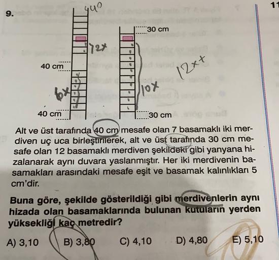 440
11
9.
30 cm
1724
.
40 cm
12xt
/lox
40 cm
30 cm
Alt ve üst tarafında 40 cm mesafe olan 7 basamaklı iki mer-
diven uç uca birleştirilerek, alt ve üst tarafında 30 cm me-
safe olan 12 basamaklı merdiven şekildeki gibi yanyana hi-
zalanarak aynı duvara yas