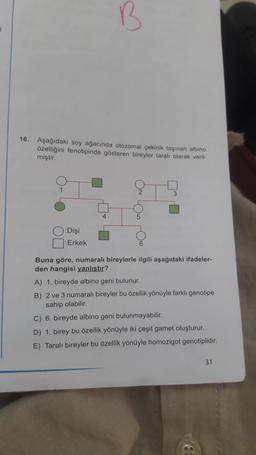 B
1
16.
Aşağıdaki soy ağacında otozomal çekinik taşınan albino
özelliğini fenotipinde gösteren bireyler tarali olarak veril-
miştir.
3
Dişi
Erkek
Buna göre, numaralı bireylerle ilgili aşağıdaki ifadeler-
den hangisi yanlıstır?
A) 1. bireyde albino geni bulunur.
B) 2 ve 3 numaralı bireyler bu özellik yönüyle farklı genotipe
sahip olabilir.
C) 6. bireyde albino geni bulunmayabilir.
D) 1. birey bu özellik yönüyle iki çeşit gamet oluşturur.
E) Taralı bireyler bu özellik yönüyle homozigot genotiplidir.
31