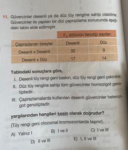 11. Güvercinler desenli ya da düz tüy rengine sahip olabilirler.
Güvercinler ile yapılan bir dizi çaprazlama sonucunda aşağı-
daki tablo elde edilmiştir.
F4 dölünün fenotip sayıları
Çaprazlanan bireyler Desenli
Düz
Desenli x Desenli
32
9
17
14
Desenli x Düz
Tablodaki sonuçlara göre,
1. Desenli tüy rengi geni baskın, düz tüy rengi geni çekiniktir.
II. Düz tüy rengine sahip tüm güvercinler homozigot geno-
tiptedir.
III. Çaprazlamalarda kullanılan desenli güvercinler heterozi-
got genotiptedir.
yargılarından hangileri kesin olarak doğrudur?
(Tüy rengi geni otozomal kromozomlarda taşınır).
A) Yalnız!
B) I ve II
C) I ve III
D) II ve III
E) I, II ve III