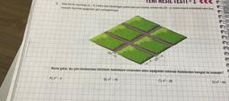 3.
LNI NESIL TE
Kısa kenar uzunluğu (x – 4) metre olan dikdörtgen şeklindeki çim bloklar, aralarında (20 - x) metre boşluk bırakılarak kare oluş-
turacak biçimde aşağıdaki gibi yerleştirilmiştir.
(20 - x)
(20 - x)
X-4
Buna göre, bu çim bloklardan birininin metrekare cinsinden alanı aşağıdaki cebirsel ifadelerden hangisi ile özdeştir?
A) x² - 4
B) x2 - 16
C) x2 - 36
D) x2 - 64
