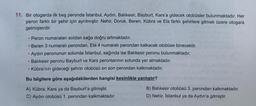 11. Bir otogarda ilk beş peronda Istanbul, Aydın, Balikesir, Bayburt, Kars'a gidecek otobüsler bulunmaktadır. Her
peron farklı bir şehir için ayrılmıştır. Nehir, Doruk, Beren, Kübra ve Ela farklı şehirlere gitmek üzere otogara
gelmişlerdir.
Peron numaraları soldan sağa doğru artmaktadır.
Beren 3 numaralı perondan, Ela 4 numaralı perondan kalkacak otobüse binecektir.
Aydin peronunun solunda Istanbul, sağında ise Balıkesir peronu bulunmaktadır.
Balıkesir peronu Bayburt ve Kars peronlarının solunda yer almaktadır.
• Kübra'nın gideceği şehrin otobüsü en son perondan kalkmaktadır.
-
Bu bilgilere göre aşağıdakilerden hangisi kesinlikle yanlıştır?
A) Kübra, Kars ya da Bayburt'a gitmiştir.
C) Aydın otobüsü 1. perondan kalkmaktadır.
B) Balikesir otobüsü 3. perondan kalkmaktadır.
D) Nehir, Istanbul ya da Aydın'a gitmiştir.
