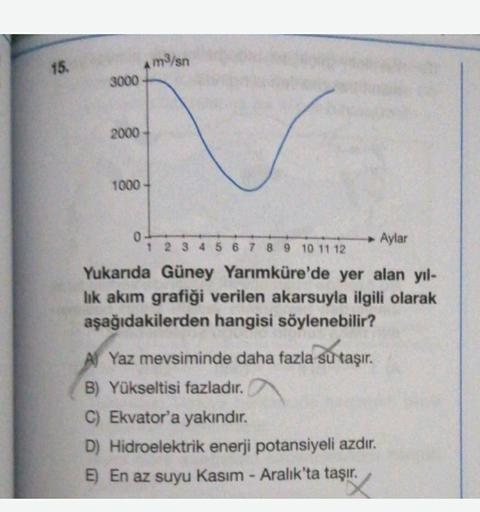 m3/sn
15.
3000
2000
1000
0 -
1 2 3 4 5 6 7 8 9 10 11 12
► Aylar
Yukarıda Güney Yarımküre'de yer alan yıl-
lik akım grafiği verilen akarsuyla ilgili olarak
aşağıdakilerden hangisi söylenebilir?
Al Yaz mevsiminde daha fazla su taşır.
B) Yükseltisi fazladır. 