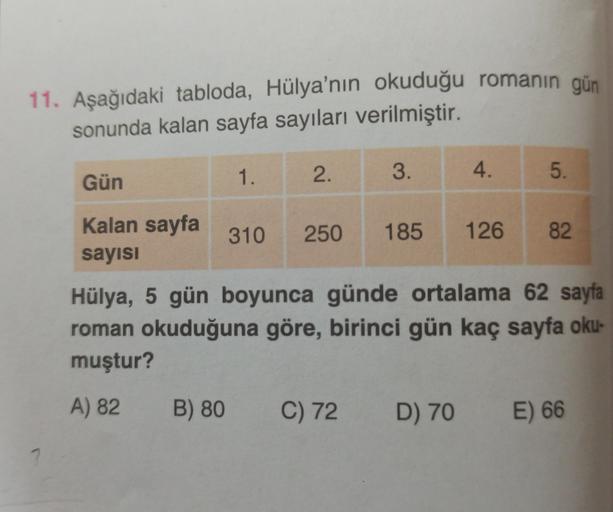 11. Aşağıdaki tabloda, Hülya'nın okuduğu romanın gün
sonunda kalan sayfa sayıları verilmiştir.
1.
2.
3.
Gün
4.
5.
Kalan sayfa
sayısı
310
250
185
126
82
Hülya, 5 gün boyunca günde ortalama 62 sayfa
roman okuduğuna göre, birinci gün kaç sayfa oku-
muştur?
A)