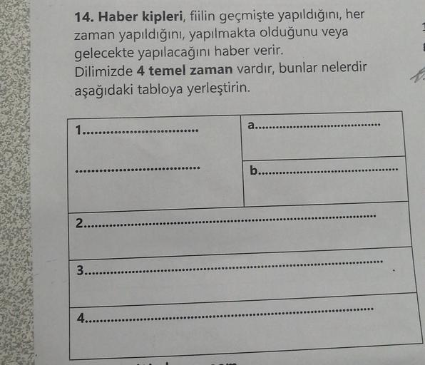 14. Haber kipleri, fiilin geçmişte yapıldığını, her
zaman yapıldığını, yapılmakta olduğunu veya
gelecekte yapılacağını haber verir.
Dilimizde 4 temel zaman vardır, bunlar nelerdir
aşağıdaki tabloya yerleştirin.
1......
a.........
b.......
2.......
3.......