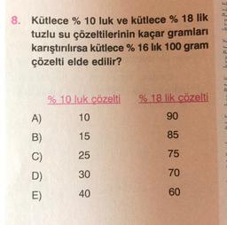 8. Kütlece % 10 luk ve kütlece % 18 lik
tuzlu su çözeltilerinin kaçar gramları
karıştırılırsa kütlece % 16 lik 100 gram
çözelti elde edilir?
% 10 luk cözelti
% 18 lik çözelti
A)
10
90
B)
15
85
C)
25
75
D)
30
70
E)
40
60
