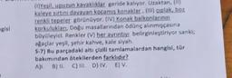 Risi
()Yeşil, upuzun kavaklıklar geride kalıyor. Uzaktan, (11)
kaleye sırtını dayayan kocamis konaklar, (111) ciplak, boz
renkli tepeler görünüyor. (IV) Konak balkonlarının
korkuluklan, Doğu masallarından ödünç alınmışcasına
büyüleyici. Renkler (V) her ayrıntıyı belirginleştiriyor sanki;
agaclar yeşil, sehir kahve, kale siyah.
5-7) Bu parçadaki altı çizili tamlamalardan hangisi, tür
bakımından ötekilerden farklıdır?
A)I. B) II. C) III. D) IV. E) V.
