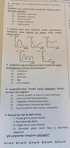 B
2
1. Kaynağını yerin içinden alan kuvvetlere iç Kuvvetler
denir.
Aşağıdaki yer sekillerinden hangisinin oluşumunda ig
kuvvetler etkilidir?
A) Kayaların ufalanması
B) Peneplen oluşumu
C) Falez oluşumu
D) Mağara oluşumu
E) Dağ oluşumu
7
2 Aşağıda yıllık ak