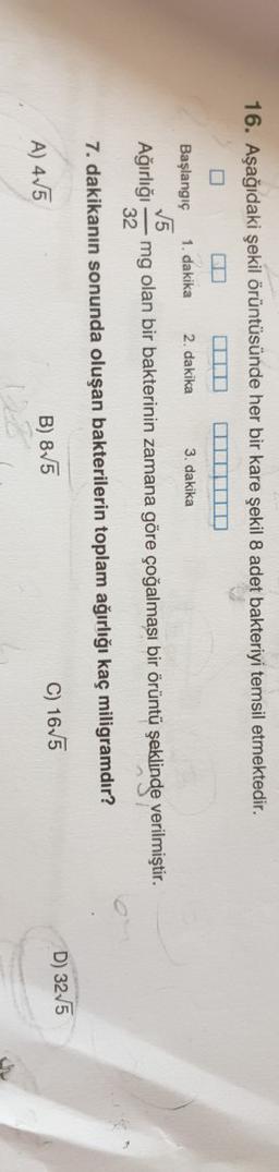 16. Aşağıdaki şekil örüntüsünde her bir kare şekil 8 adet bakteriyi temsil etmektedir.
Başlangıç
1. dakika
2. dakika 3. dakika
5
Ağırlığı mg olan bir bakterinin zamana göre çoğalması bir örüntü şeklinde verilmiştir.
32
7. dakikanın sonunda oluşan bakterilerin toplam ağırlığı kaç miligramdır?
D) 325
C) 16,5
A) 415
B) 85
