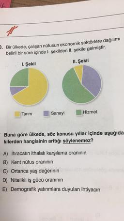 1
5. Bir ülkede, çalışan nüfusun ekonomik sektörlere dağılımı
belirli bir süre içinde 1. şekilden II. şekile gelmiştir.
I.
II. Şekil
I. Şekil
Tarım
Sanayi
Hizmet
Buna göre ülkede, söz konusu yıllar içinde aşağıda
kilerden hangisinin arttığı söylenemez?
A) İhracatın ithalatı karşılama oranının
B) Kent nüfus oranının
C) Ortanca yaş değerinin
D) Nitelikli iş gücü oranının
E) Demografik yatırımlara duyulan ihtiyacın
