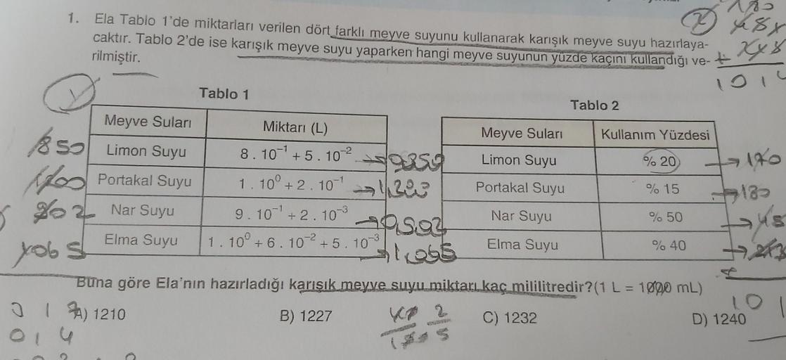 47
1.
se sy
Ela Tablo 1'de miktarları verilen dört farklı meyve suyunu kullanarak karışık meyve suyu hazırlaya-
caktır. Tablo 2'de ise karışık meyve suyu yaparken hangi meyve suyunun yüzde kaçını kullandığı ve-
rilmiştir.
IO
Tablo 1
Tablo 2
Meyve Sulari
Me