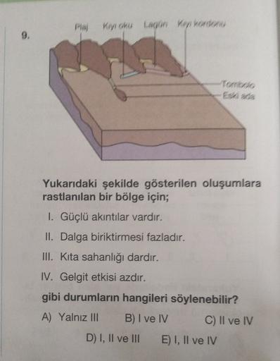 Plaj
Kiyi oru lagun Rekord
9.
Eski ada
Yukarıdaki şekilde gösterilen oluşumlara
rastlanılan bir bölge için;
I. Güçlü akıntılar vardır.
II. Dalga biriktirmesi fazladır.
III. Kita sahanlığı dardır.
IV. Gelgit etkisi azdır.
gibi durumların hangileri söylenebilir?
A) Yalnız III
B) I ve IV C) II ve IV
D) I, II ve III E) I, II ve IV