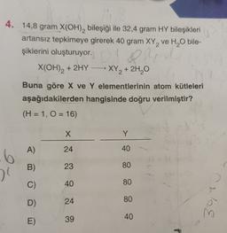 4. 14,8 gram X(OH), bileşiği ile 32,4 gram HY bileşikleri
artansız tepkimeye girerek 40 gram XY, ve H20 bile-
şiklerini oluşturuyor.
X(OH)2 + 2HY —XY2 + 2H2O
2
0
2
Buna göre X ve Y elementlerinin atom kütleleri
aşağıdakilerden hangisinde doğru verilmiştir?
(H = 1, 0 = 16)
x
Y
A)
24
40
6
B)
23
80
C)
40
80
D)
24
80
Lloe
40
E)
39
