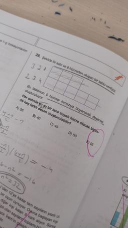 - fonksiyonlar
28. Şekilde iki satır ve 8 hücreden oluşan bir tablo veriliyor.
321
2 3 4
Bu tablonun 5 hücresi kırmızıya boyanarak desenler
oluşturuluyor.
Her satırda en az bir tane boyalı hücre olacak biçim-
de kaç farklı desen oluşturulabilir?
A) 36
B) 40
C) 45
22
D) 50
E) 55
2)(4+2) = -4
6-n2 = 16
n = 32
1'den 12'ye kadar tam sayıların yazılı ol-
bir oyun oynuyor. Oyuna başlayan kişi
diğer kişi kalan 6/kartı alıyor. Sonra
zılı olan sayıların toplam
Akis
yor. İrem'in cektici
gir
