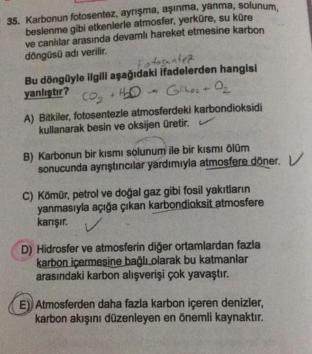35. Karbonun fotosentez, ayrışma, aşınma, yanma, solunum,
beslenme gibi etkenlerle atmosfer, yerküre, su küre
ve canlılar arasında devamlı hareket etmesine karbon
döngüsü adı verilir.
Fotogenter
Bu döngüyle ilgili aşağıdaki ifadelerden hangisi
yanlıştır?
Glikor & O₂
A) Bitkiler, fotosentezle atmosferdeki karbondioksidi
kullanarak besin ve oksijen üretir.
cotto
B) Karbonun bir kısmı solunum ile bir kısmı ölüm
sonucunda ayrıştırıcılar yardımıyla atmosfere döner. V
C) Kömür, petrol ve doğal gaz gibi fosil yakıtların
yanmasıyla açığa çıkan karbondioksit atmosfere
karışır.
D) Hidrosfer ve atmosferin diğer ortamlardan fazla
karbon içermesine bağlı olarak bu katmanlar
arasındaki karbon alışverişi çok yavaştır.
E) Atmosferden daha fazla karbon içeren denizler,
karbon akışını düzenleyen en önemli kaynaktır.