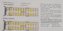 2. Ankara Yolcusu: A
TOKAT TERMINALI
1: Istanbul Yolcusu
B: Boş koltuk
LA A A
TT B
B
B
A
B
B
B
B
B B B
B B B
KORIDOR
B B B
B A A
B
B
B
A
B
B
Tokat'tan yola çıkan bir otobüs Istan-
bul'a gidene kadar sadece Ankara'da
durmakta ve burada yolcu inmekte
veya binmektedir
Otobüs Tokat - Ankara arası her dolu
koltuktan 25 TL kar, her boş koltuktan
35 TL zarar etmektedir.
Ankara - Istanbul arası her dolu koltuk-
tan 35 TL kâr, her boş koltuktan 25 TL
zarar etmektedir.
Buna göre otobüsün Tokat'tan çıkıp
İstanbul'a geldiğinde kâr-zarar durumu
aşağıdakilerden hangisi gibi olur?
A) 210 TL zarar B) 270 TL kâr
C) 360 TL kar D) 410 TL zarar
ANKARA TERMINALI
B
B
B
B TT UT
B
B B B B
KORİDOR
B B B B
I D B
B IN
B
000
