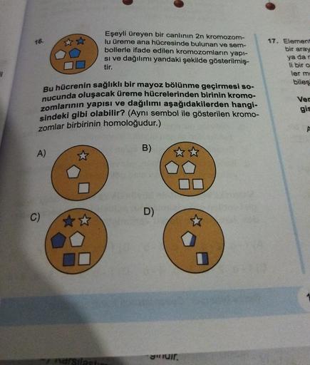 16.
Eşeyli üreyen bir canlının 2n kromozom-
lu üreme ana hücresinde bulunan ve sem-
bollerle ifade edilen kromozomların yapı-
si ve dağılımı yandaki şekilde gösterilmiş-
tir.
17. Element
bir aray
ya dar
1
li bir o
ler me
biles
Ver
Bu hücrenin sağlıklı bir 