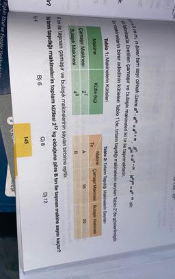 DJ 1,45 . 10
be
m
ka+O vem,
ir.
id
3
n birer tam sayı olmak üzere a".am = an+m, am
am = an-m, (an)" = ah." dir.
ir fabrikada üretilen çamaşır ve bulaşık makineleri iki tır ile taşınmaktadır.
Bu makinelerin birer adedinin kütleleri Tablo 1'de, tırların taşıdığı makinelerin sayıları Tablo 2'de gösterilmiştir.
Tablo 1: Makinelerin Kütleleri
Tablo 2: Tırların Taşıdığı Makinelerin Sayıları
Makine
Kütle (kg)
Çamaşır Makinesi Bulaşık Makinesi
Tir
27
A
16
20
43
B
Makine
Çamaşır Makinesi alo
Bulaşık Makinesi
haben
B tiri ile taşınan çamaşır ve bulaşık makinelerinin sayıları birbirine eşittir.
İki tırın taşıdığı makinelerin toplam kütlesi 212 kg olduğuna göre B tırı ile taşınan makine sayısı kaçtır?
A) 4
B) 6
C) 8
D) 12
ir?
145
OVO!!
Tlişkin Usul ve Esaslar Ha