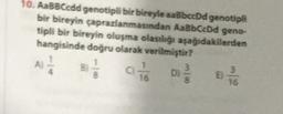 10. AaBBCodd genotipli bir bireyle aaBboedd genotipli
bir bireyin çaprazlanmasından AaBbCcDd geno-
tipli bir bireyin oluşma olasılığı aşağıdakilerden
hangisinde doğru olarak verilmiştir?
A)
1
3
16
16
)
c) 1 /
8
D)
E)