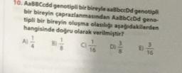 10. AaBBCodd genotipli bir bireyle aaBboedd genotipli
bir bireyin çaprazlanmasından AaBbCcDd geno-
tipli bir bireyin oluşma olasılığı aşağıdakilerden
hangisinde doğru olarak verilmiştir?
A)
1
3
16
16
)
c) 1 /
8
D)
E)
