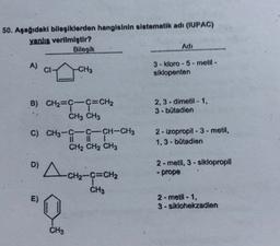 50. Aşağıdaki bileşiklerden hangisinin sistematik adı (IUPAC)
yanlis verilmiştir?
Bileşik
Adi
A)
CI
CH3
3 - kloro-5-metil-
siklopenten
2,3-dimetil- 1,
3- butadien
B) CH2=CC=CH2
=
CH3 CH3
C) -
C) CH3-9--9--CH-CH3
CH2 CH2 CH3
2 - izopropil-3-metil,
1,3-butadien
D)
A ~=
a cha
2- metli, 3 - slklopropil
- prope
CH2-C=CH2
CH3
E)
2-metil-1.
3 - siklohekzadien
"
CH3