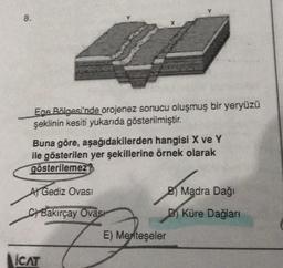 8.
X
Ege Bölgesi'nde orojenez sonucu oluşmuş bir yeryüzü
şeklinin kesiti yukarıda gösterilmiştir.
Buna göre, aşağıdakilerden hangisi X ve Y
ile gösterilen yer şekillerine örnek olarak
gösterilemez?
AJ Gediz Ovası
B) Madra Dağı
St Bakırçay Ovasi
D) Küre Dağları
E) Menteşeler
ICAT
