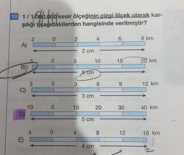 10 1/1/000.odo kesir ölçeğinin çizgi ölçek olarak kar-
şılığı aşağıdakilerden hangisinde verilmiştir?
0
2
4
6
8 km
A)
2 cm
0
5
10
15
20 km
B)
5 cm
3
0
3
6
9
12 km
C)
3 cm
0
10
20
30
40 km
10
D
5 cm
4
0
4
8
12
16 km
E)
4 cm
