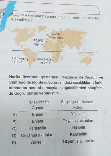 Aşağıdaki haritada bazı şehirler ve bu şehirlerin sıcaklık-
ları verilmiştir.
5,2°C
Penzance
13,8°C
Agadir
0°
Santiago
18,7°C
Montevideo
24,8°C
Harita üzerinde gösterilen Penzance ile Agadir ve
Santiago ile Montevideo arasındaki sıcaklıkların farklı
olması