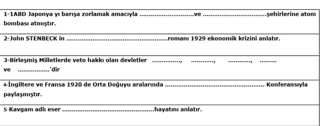 .ve
şehirlerine atom
1-1ABD Japonya yı barışa zorlamak amacıyla
bombası atmıştır.
2-John STENBECK in ......
.........romani 1929 ekonomik krizini anlatır.
3-Birleşmiş Milletlerde veto hakkı olan devletler
ve .................'dir
4- İngiltere ve Fransa 1920 de Orta Doğuyu aralarında ......
paylaşmıştır.
......... Konferansıyla
5 Kavgam adlı eser
..hayatını anlatır.