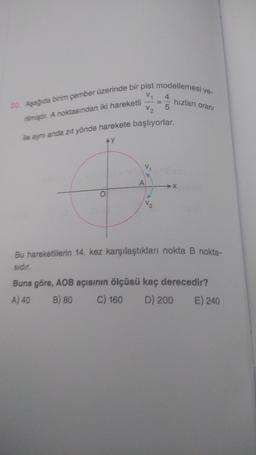 20. Aşağıda birim çember üzerinde bir pist modellemesi ve-
VA 4
V2.
5
hizlari orani
rilmiştir. A noktasından iki hareketli
le aynı anda zıt yönde harekete başlıyorlar.
AY
A
X
O
V2
Bu hareketlilerin 14. kez karşılaştıkları nokta B nokta-
sidir.
Buna göre, AOB açısının ölçüsü kaç derecedir?
A) 40 B) 80 C) 160 D) 200 E) 240
