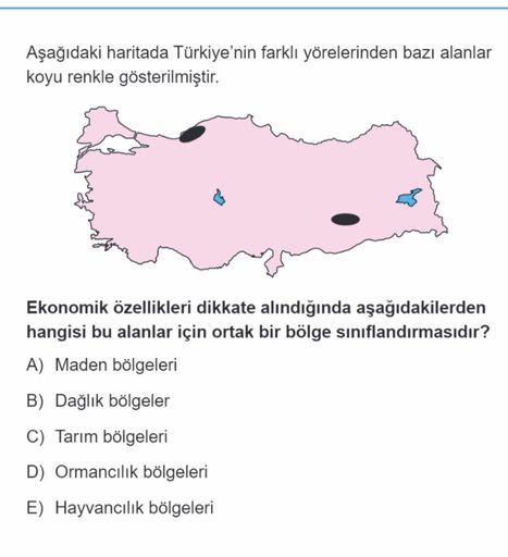 Aşağıdaki haritada Türkiye'nin farklı yörelerinden bazı alanlar
koyu renkle gösterilmiştir.
Ekonomik özellikleri dikkate alındığında aşağıdakilerden
hangisi bu alanlar için ortak bir bölge sınıflandırmasıdır?
A) Maden bölgeleri
B) Dağlık bölgeler
C) Tarım bölgeleri
D) Ormancılık bölgeleri
E) Hayvancılık bölgeleri
