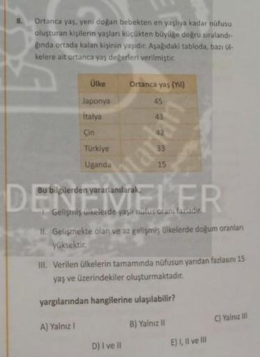 8.
Ortanca yaş, yeni doğan bebekten en yaşlıya kadar nüfusu
oluşturan kişilerin yaşlan küçükten büyüğe doğru sıralandi-
ginda ortada kalan kişinin yaşidir. Aşağıdaki tabloda, bazi ul-
kelere ait ortanca yaş değerleri verilmiştir.
Olke
Ortanca yaş
(Yil)
45
Japonya
Italya
Çin
placer
Turkiye
Uganda
15
Bu bilgilerden
yararlanılarak,
DEL
De
ELER
1. Gelişmiş ülkelerde yaşli nufus oranı fazladır
.
II. Gelişmekte olan ve az gelişmiş ülkelerde doğum oranlan
yüksektir
.
III. Verilen ülkelerin tamamında nüfusun yarıdan fazlasını 15
yaş ve üzerindekiler oluşturmaktadır.
yargılarından hangilerine ulaşılabilir?
C) Yalnız III
A) Yalnız
B) Yalnız il
D) I ve 11
E) I, II ve Ill