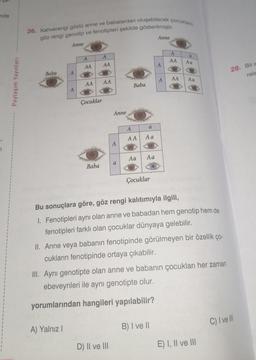 nda
26. Kahverengi gözlü anne ve babalardan oluşabilecek çocukla
göz rengi genotip ve fenotipleri şekilde gösterilmiştir
Anne
Anne
A
A
A
AA
a
Aa
AA
AA
28. Bire
Baba
A
rele
AA
Paylaşım Yayinlari
A
Aa
AA
AA
Baba
A
Çocuklar
Anne
A
a
AA
Aa
1-
A
7
Aa
Aa
a
Baba
Çocuklar
Bu sonuçlara göre, göz rengi kalıtımıyla ilgili,
1. Fenotipleri aynı olan anne ve babadan hem genotip hem de
fenotipleri farklı olan çocuklar dünyaya gelebilir.
II. Anne veya babanın fenotipinde görülmeyen bir özellik
ÇO
cukların fenotipinde ortaya çıkabilir.
III. Aynı genotipte olan anne ve babanın çocukları her zaman
ebeveynleri ile aynı genotipte olur.
yorumlarından hangileri yapılabilir?
B) I ve II
C) I ve III
A) Yalnız!
D) II ve III
E) I, II ve III