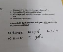 32.
1. Otonom sinir sisteminden uyarı alabilme X
11. Çok çekirdekli yapıya sahip olma/
III. Kimyasal bağ enerjisini mekanik enerjiye çevirebil-
me
IV. Mekik şeklinde olma
Yukarıdaki özelliklerden hangileri, düz ve iskelet
kaslarında ortaktır?
B) I've III
A) Yalnız 111
C) Il ve IV
D) III ve IV
E) I, II e IV
