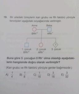 19. Bir ailedeki bireylerin kan grubu ve Rh faktörü yönüyle
fenotipleri aşağıdaki soyağacında verilmiştir.
Anne Baba
BRh+
AR
2
1. çocuk
BRnt
2. çocuk
AR
3. çocuk
Buna göre 3. çocuğun 0 Rh-olma olasılığı aşağıdaki-
lerin hangisinde doğru olarak verilmiştir?
(Kan grubu ve Rh faktörü yönüyle genler bağımsızdır.)
1
1
1
3
3
A)
B
C)
D) E)
4.
8
16
16
32