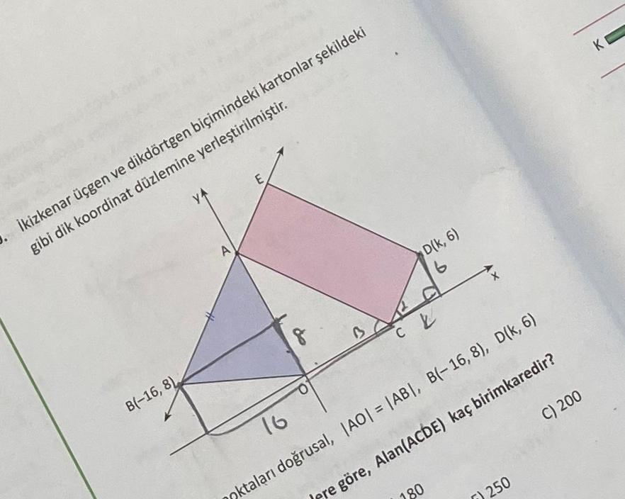 K
YA
. ikizkenar üçgen ve dikdörtgen biçimindeki kartonlar şekildeki
gibi dik koordinat düzlemine yerleştirilmiştir.
A
D(k, 6)
X
ck
B(-16,8)
C) 200
16
oktaları doğrusal, |AO| = |ABI, B(-16,8), D(k, 6)
pre göre, Alan(ACDE) kaç birimkaredir?
180
D) 250
