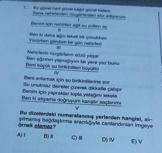 Ey güzel harf güzel kağıt güzel kalem
Sana nehirlerden rüzgarlardan söz ediyorum
1
Benim için nehirleri eğit su yolları aç
Ben ki daha ağzı lekeli bir çocukken
Yürürken gördüm bir gün nehirleri
Nehirlerin rüzgârların sözü yaşar
Ben ağzının yaprağıyım bir y