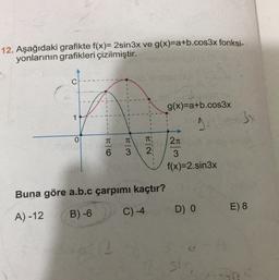 12. Aşağıdaki grafikte f(x)=2sin 3x ve g(x)=a+b.cos3x fonksi-
yonlarının grafikleri çizilmiştir.
C
1
3
0
g(x)=a+b.cos3x
s
211
3
f(x)=2.sin3x
TT
TT
wa
6
3
2
1
Buna göre a.b.c çarpımı kaçtır?
E) 8
A) -12
D) O
B) -6
C) -4
Si