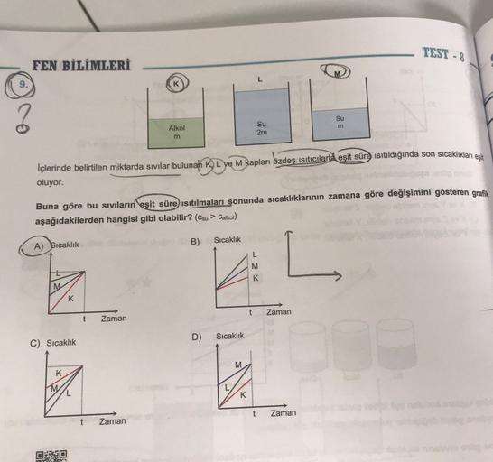 TEST - 8
FEN BİLİMLERİ
2
Su
m
Su
2m
Alkol
m
İçlerinde belirtilen miktarda sıvılar bulunan R,L ve M kapları özdeş ısıtıcılara eşit süre isitıldığında son sıcaklıkları est
oluyor.
Buna göre bu sıvıların eşit süre sıtılmaları sonunda sıcaklıklarının zamana göre değişimini gösteren grafik
aşağıdakilerden hangisi gibi olabilir? (Csu > Caikol)
B)
Sıcaklık
A) Sıcaklık
L
M
K
M
K
t
Zaman
t
Zaman
D)
Sıcaklık
C) Sıcaklık
M
K
L
K
t
Zaman
t
Zaman