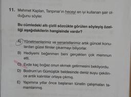 11. Mehmet Kaplan, Tanpınar'ın heceyi en iyi kullanan şair ol-
duğunu söyler.
Bu cümledeki altı çizili sözcükte görülen söyleyiş özel-
liği aşağıdakilerin hangisinde vardır?
A) Yönetmenlerimiz ve senaristlerimiz artık güncel konu-
lardan güzel filmler çıkarmayı biliyorlar.
B) Hediyemi beğenmen beni gerçekten çok memnun
etti.
C) Evde kaç boğaz onun ekmek getirmesini bekliyordu.
D) Bodrum'un Gümüşlük beldesinde deniz suyu çekilin-
ce antik kalıntılar ortaya çıkmış.
E) Yapımına yıllar önce başlanan tünelin çalışmaları ta-
mamlanmış.