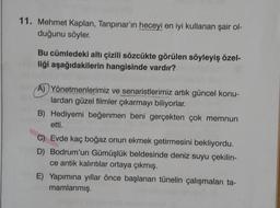 11. Mehmet Kaplan, Tanpınar'ın heceyi en iyi kullanan şair ol-
duğunu söyler.
Bu cümledeki altı çizili sözcükte görülen söyleyiş özel-
liği aşağıdakilerin hangisinde vardır?
A) Yönetmenlerimiz ve senaristlerimiz artık güncel konu-
lardan güzel filmler çıkarmayı biliyorlar.
B) Hediyemi beğenmen beni gerçekten çok memnun
etti.
C) Evde kaç boğaz onun ekmek getirmesini bekliyordu.
D) Bodrum'un Gümüşlük beldesinde deniz suyu çekilin-
ce antik kalıntılar ortaya çıkmış.
E) Yapımına yıllar önce başlanan tünelin çalışmaları ta-
mamlanmış.
