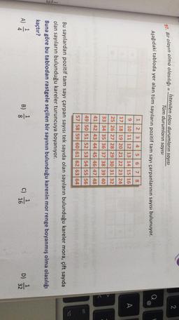 2
97. Bir olayın olma olasılığı = -
istenilen olası durumların
sayısı
Tüm durumların sayısı
Aşağıdaki tabloda yer alan tüm sayıların pozitif tam sayı çarpanlarının sayısı bulunuyor.
1 2 3
4
5
6
6
7
8
A
9 10 11 12 13 14 15 16
17 18 19 20 21 22 23 24
2526272829303132
33 34 35 36 37 38 39 40
41 42 43 44 45 46 47 48
49 50 51 52 53 54 55 56
alf
57 58 59 60 61 62 63 64
3
19
Bu sayılardan pozitif tam sayı çarpan sayısı tek sayıda olan sayıların bulunduğu kareler mora, çift sayıda
olan sayıların bulunduğu kareler turuncuya boyanıyor.
Buna göre bu tablodan rastgele seçilen bir sayının bulunduğu karenin mor renge boyanmış olma olasılığı
kaçtır?
4
1
)
A) À
B)
)
100
C)
1
16
D)
32
