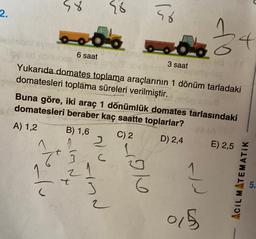 88
88
2.
16
SVO
do
6 saat
TO
3 saat
Yukarıda domates toplama araçlarının 1 dönüm tarladaki
domatesleri toplama süreleri verilmiştir.
Buna göre, iki araç 1 dönümlük domates tarlasındaki
domatesleri beraber kaç saatte toplarlar?
A) 1,2
C) 2
D) 2,4 E) 2,5
B) 1,6
2
1
T
Vu
z 1
alu
t
role
Lind
ACIL MATEMATIK
5.
015