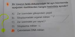 6.
Bir insanın farklı dokularındaki iki ayrı hücresinde
aşağıdaki özelliklerden hangisi kesinlikle aynıdır?
A) Zar üzerindeki glikoprotein çeşidi
B) Sitoplazmadaki organel miktarı 7
C) Zar üzerindeki por sayısıx
D) Sitoplazma miktarı x
E) Çekirdekteki DNA miktarı