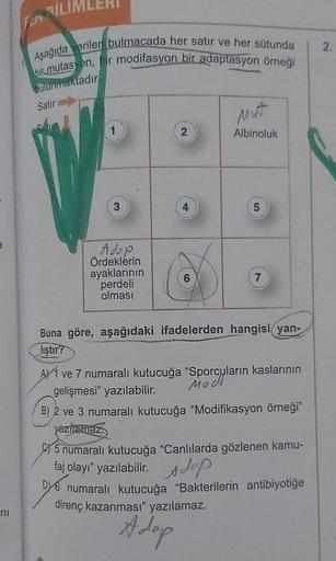 BİL
2.
Aşağıda erilen bulmacada her satır ve her sütunda
bir mutasyon, bir modifasyon bir adaptasyon örneği
bulunmaktadır
Satır
mut
1
2
Albinoluk
3
4
5
e
Adol
Ördeklerin
ayaklarının
perdeli
olması
6
7
Moch
Buna göre, aşağıdaki ifadelerden hangisi yan-
liştır?
AY 1 ve 7 numaralı kutucuğa "Sporcuların kaslarının
gelişmesi" yazılabilir.
B) 2 ve 3 numaralı kutucuğa "Modifikasyon örneği”
yazila iaz.
5 numaralı kutucuğa "Canlılarda gözlenen kamu-
faj olayı" yazılabilir. Adop
.
D) 6 numaralı kutucuğa "Bakterilerin antibiyotiğe
direnç kazanması" yazılamaz.
ni
A dop