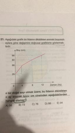 21. Aşağıdaki grafik bir fidanın dikildikten sonraki boyunun
aylara göre değişimini doğrusal grafiklerle göstermek-
tedir.
A Boy (cm)
88
80
66
26
4
0
8
12
Zaman (Ay).
n bir doğal sayı olmak üzere, bu fidanın dikildikten
n ay sonraki boyu cm cinsinden aşağıdakilerden
hangisi olamaz?
A) 56 B) 73 C) 76 D) 86 E) 94