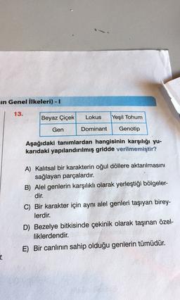 in Genel İlkeleri) - I
13.
Beyaz Çiçek
Lokus
Yeşil Tohum
Gen
Dominant
Genotip
Aşağıdaki tanımlardan hangisinin karşılığı yu-
karıdaki yapılandırılmış gridde verilmemiştir?
A) Kalıtsal bir karakterin oğul döllere aktarılmasını
sağlayan parçalardır.
B) Alel genlerin karşılıklı olarak yerleştiği bölgeler-
dir.
C) Bir karakter için aynı alel genleri taşıyan birey-
lerdir.
D) Bezelye bitkisinde çekinik olarak taşınan özel-
liklerdendir.
E) Bir canlının sahip olduğu genlerin tümüdür.
2