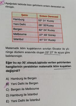 7. Aşağıdaki tabloda bazı şehirlerin enlem dereceleri ve-
rilmiştir.
Enlem Derecesi
Şehir
Hamburg
53° 31' Kuzey
Yeni Delhi
28° 35'Kuzey
62° 24' Kuzey
Bergen
Melbourne
37° 49' Güney
İstanbul
41° 01' Kuzey
Matematik iklim kuşaklarının sınırları Ekvator ile yö-
rünge düzlemi arasında oluşan 23° 27' lik açıya göre
belirlenmiştir.
Eğer bu açı 30° olsaydı tabloda verilen şehirlerden
hangilerinin yeraldıkları matematik iklim kuşakları
değişirdi?
A) Hamburg ile Bergen
B) Yeni Delhi ile Bergen
C) Bergen ile Melbourne
D) Hamburg ile İstanbul
E) Yeni Delhi ile İstanbul
